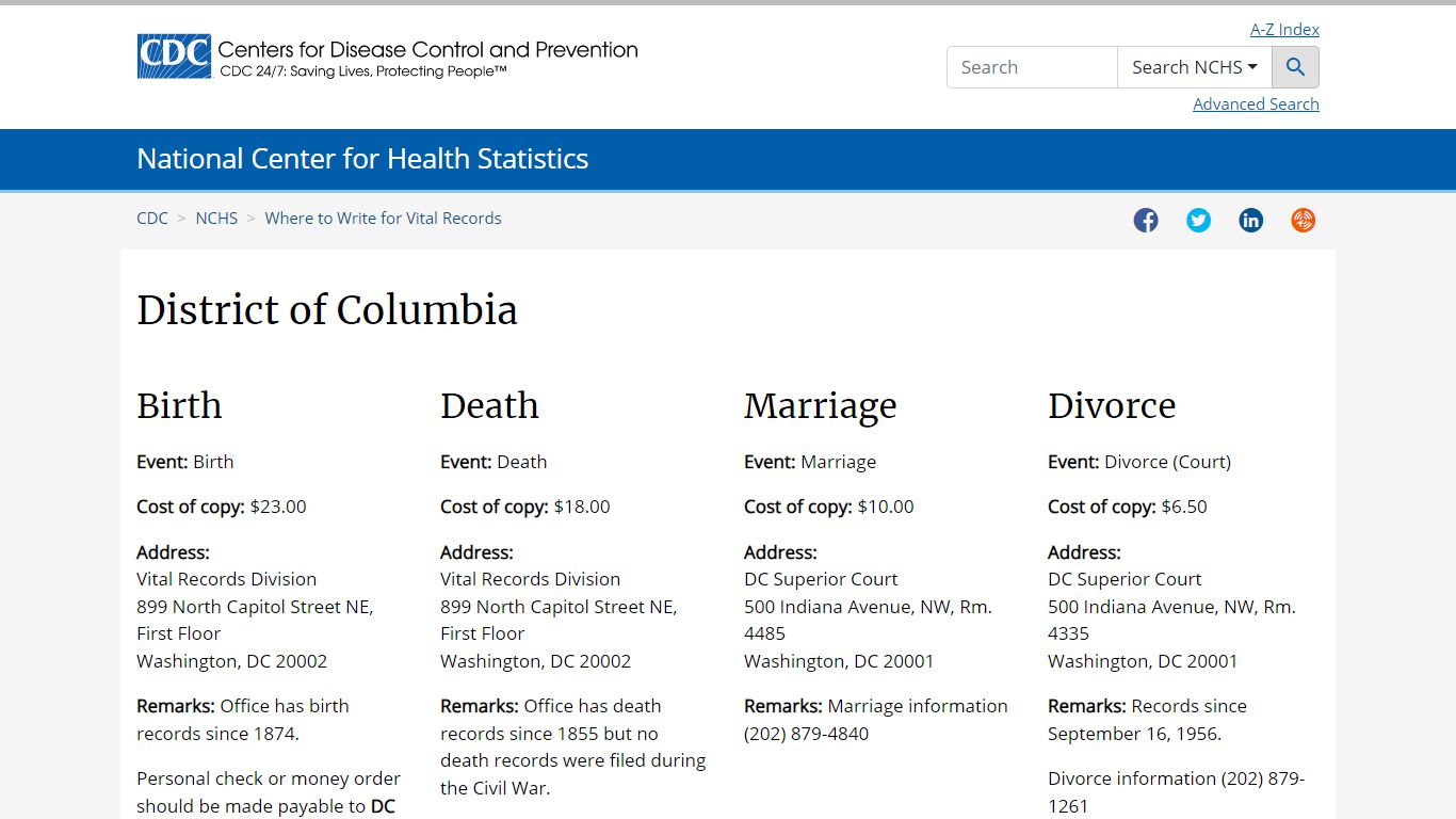 Where to Write for Vital Records - District of Columbia